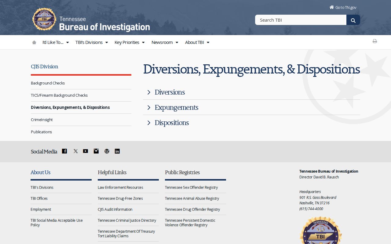 Tennessee Bureau of Investigation expungement guidance page