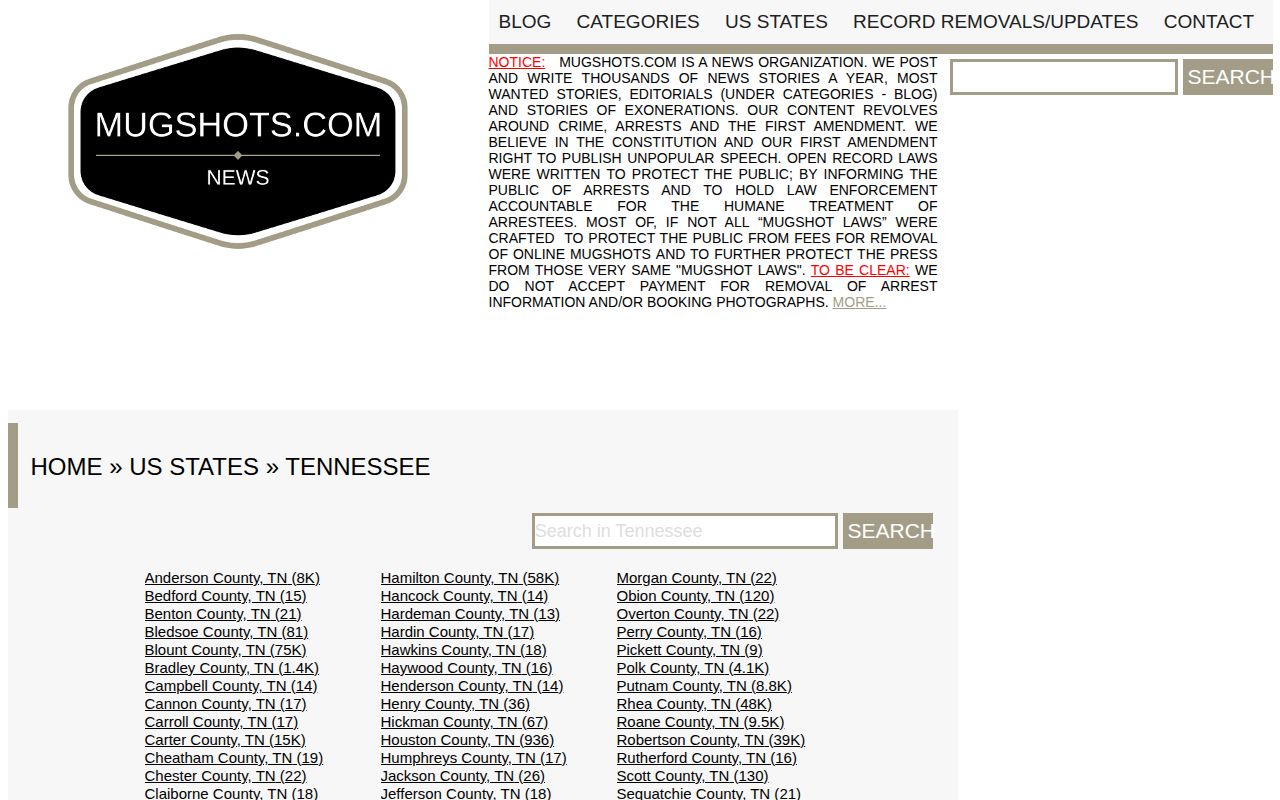Mugshots.com Tennessee index shown as an unofficial Van Buren County news-source comparison
