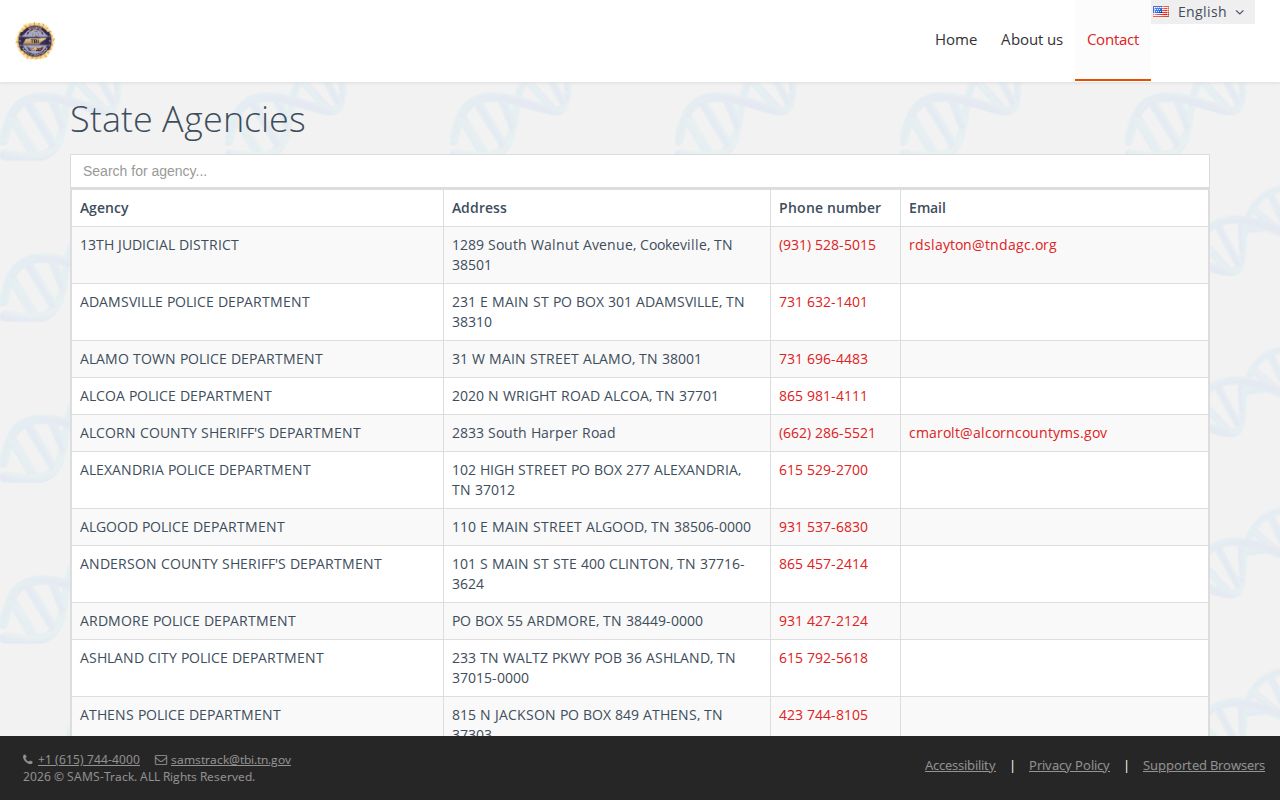 Van Buren County Sheriff’s Department address listing in the TBI SAMSTrack contact directory